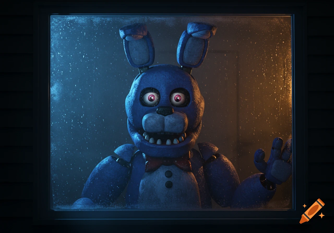 A realistic photo of Bonnie the animatronic rabbit peering menacingly through a rainy house window at night.
