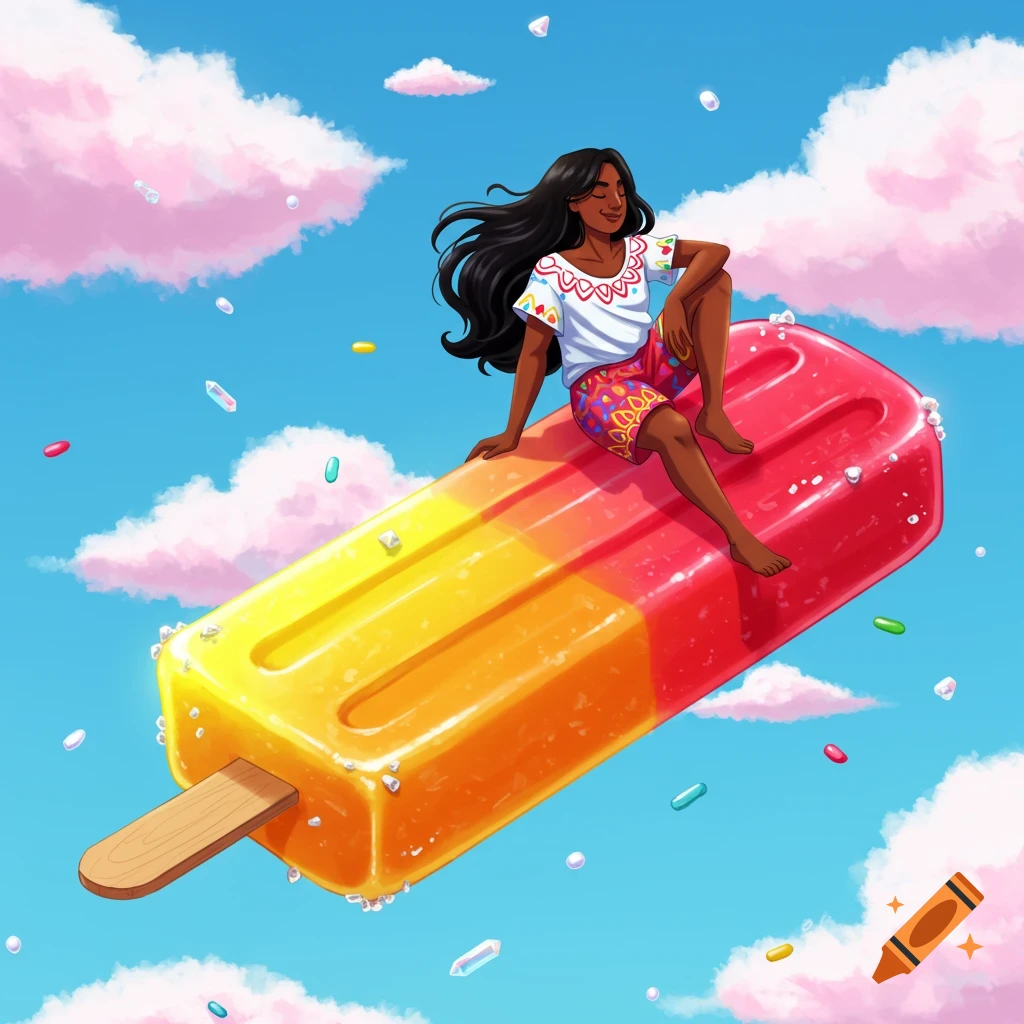 An illustrated woman with dark hair sits smiling on a giant orange and red popsicle, floating in a blue sky with pink clouds and scattered candies.