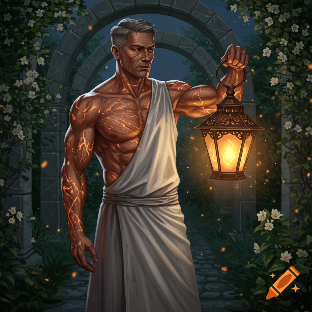 A muscular man with glowing orange patterns on his skin wears a white robe and holds an ornate lantern in a lush, moonlit garden with stone arches.