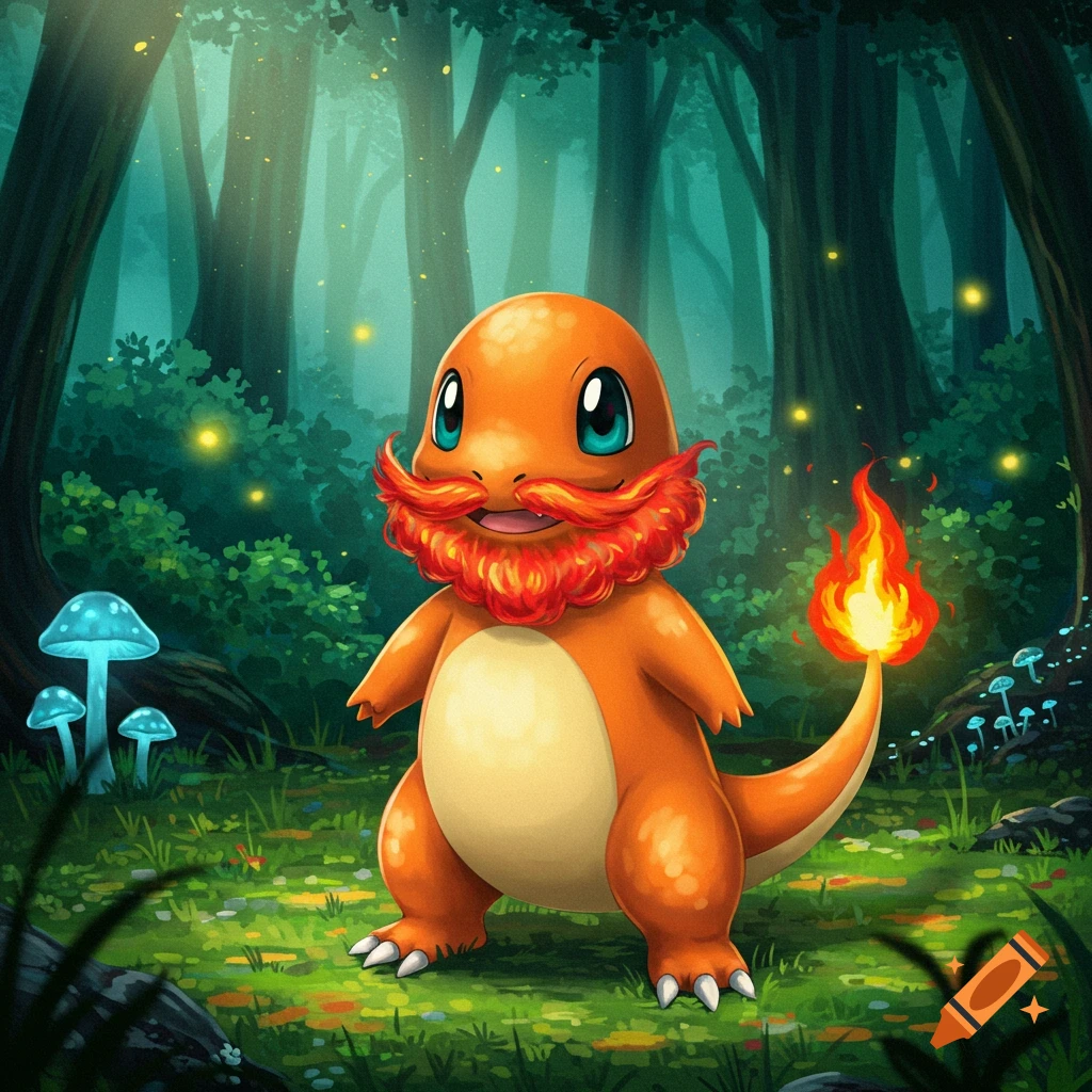 A cartoon Charmander with a red goatee stands in a magical forest with glowing fireflies and blue mushrooms.