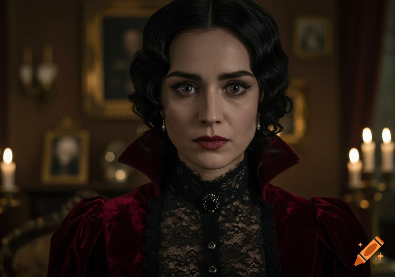 Photorealistic portrait of a woman with dark hair, pale skin, red velvet jacket, and black lace, looking intently in a dimly lit, ornate room.