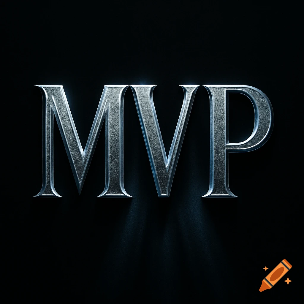 Silver, metallic letters 'MVP' with a textured finish cast shadows on a dark background.