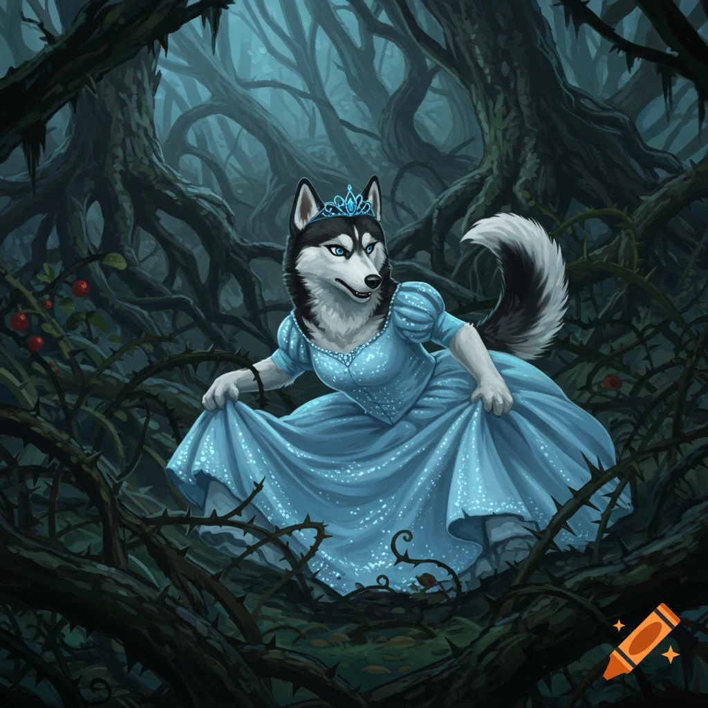 An illustrated husky in a light blue princess dress struggling in a dark, thorny forest.