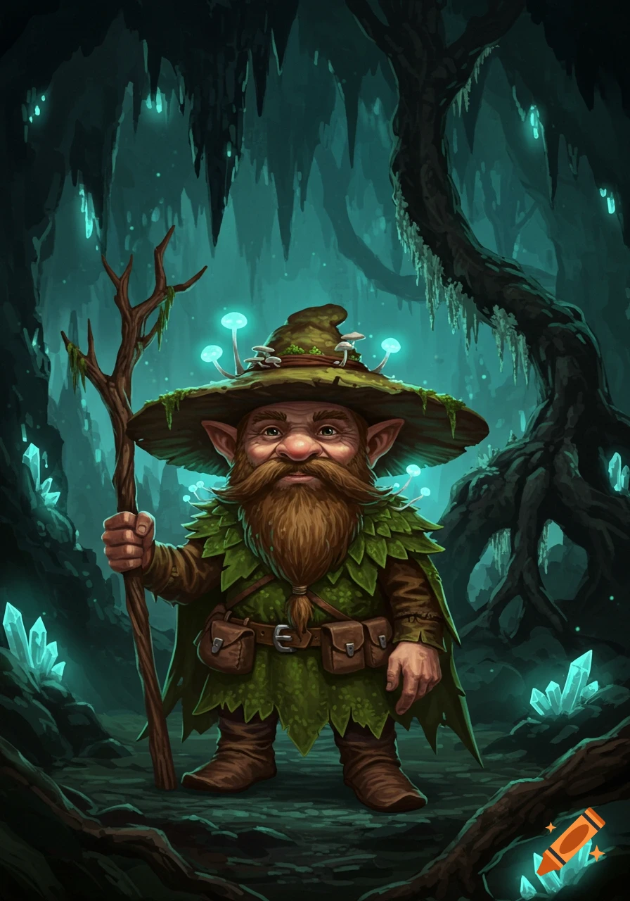 A fantasy gnome druid in a leaf outfit and mushroom hat holds a staff in a glowing cave.