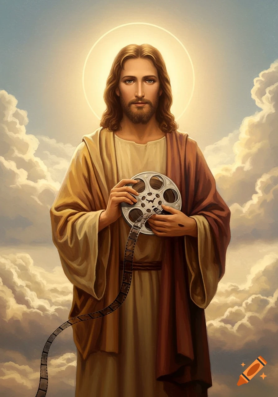 Jesus Christ in robes holds a film reel with film unwinding, under a halo against a cloudy sky, in a painted style.