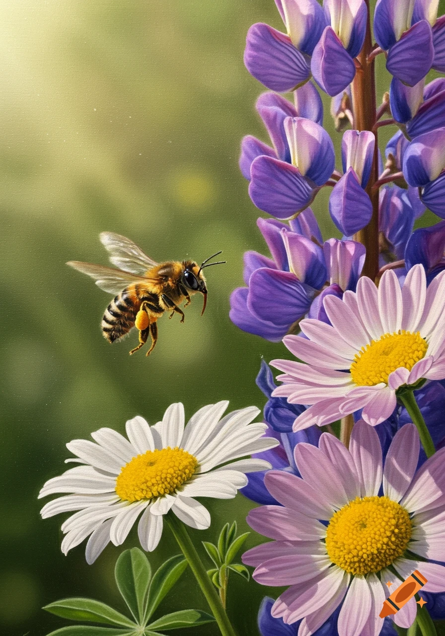 A photorealistic painting of a bee with pollen on its legs, hovering near purple lupine and white and pink daisies.
