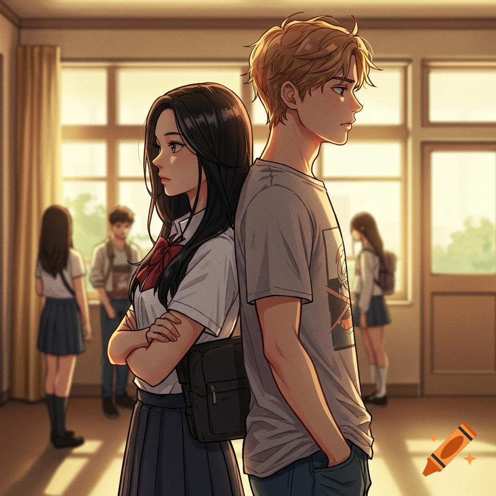 Manga drawing of a girl and boy standing back to back in a school hallway, looking away from each other.