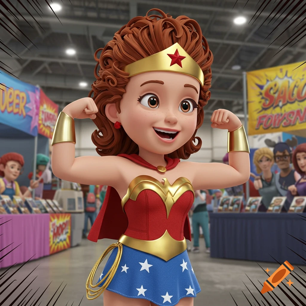 A smiling animated woman with red curly hair, dressed as Wonder Woman, flexes her arms at a busy Comic Con event.
