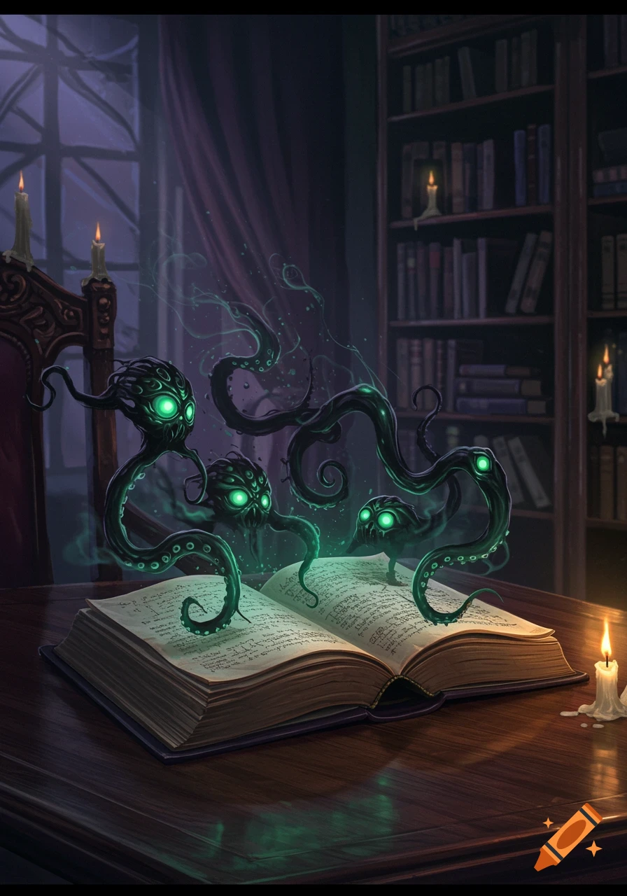 Eldritch creatures with glowing green eyes and tentacles emerge from an open book on a table in a dark, candlelit library.