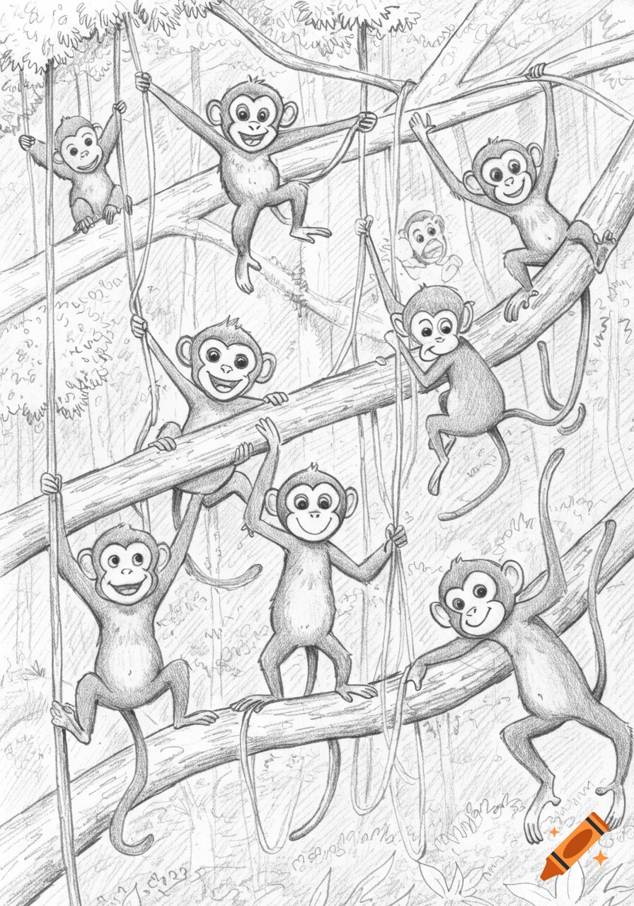 A pencil drawing depicting several happy monkeys swinging and climbing on trees and vines in a jungle.