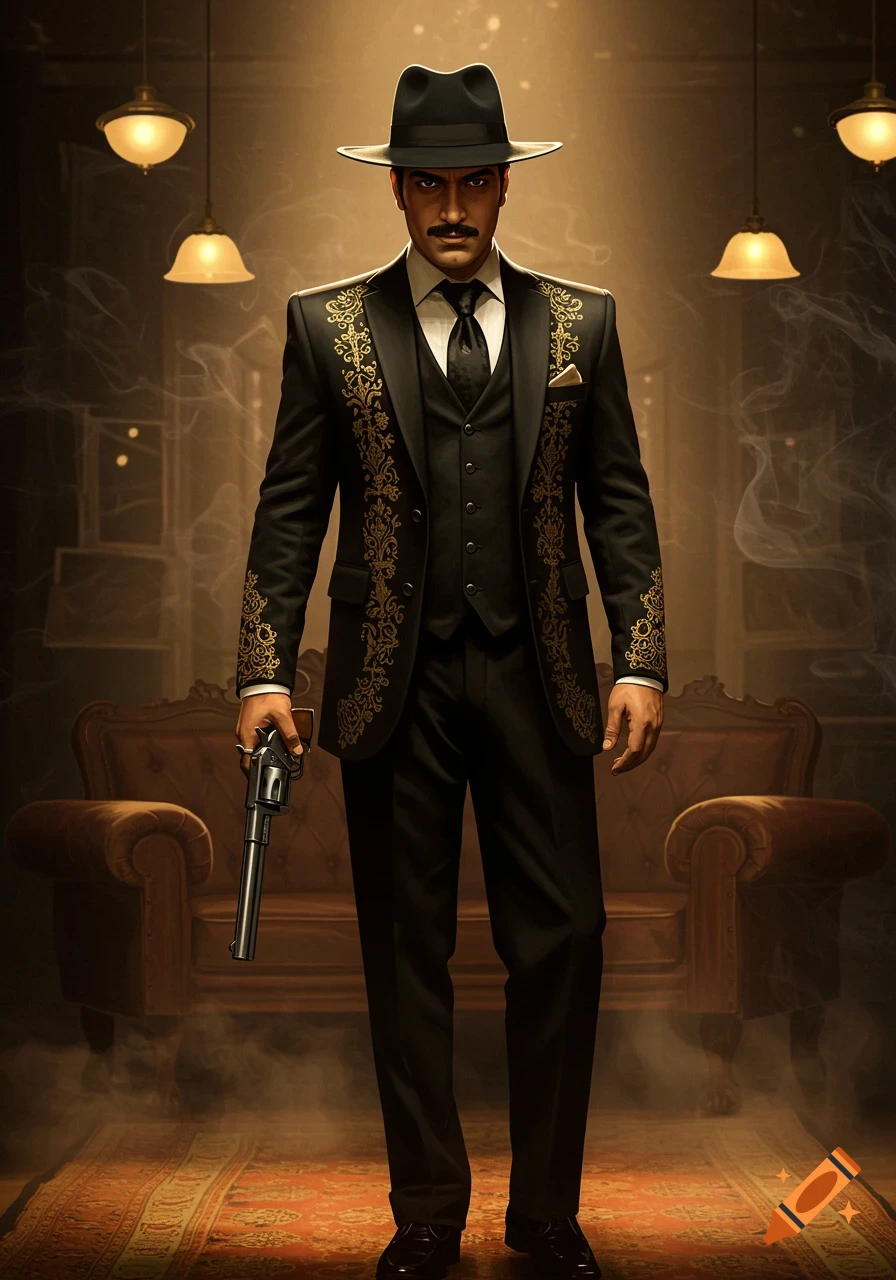 A man in a black suit with gold embroidery and a fedora stands holding a revolver in a smoky, dimly lit room.
