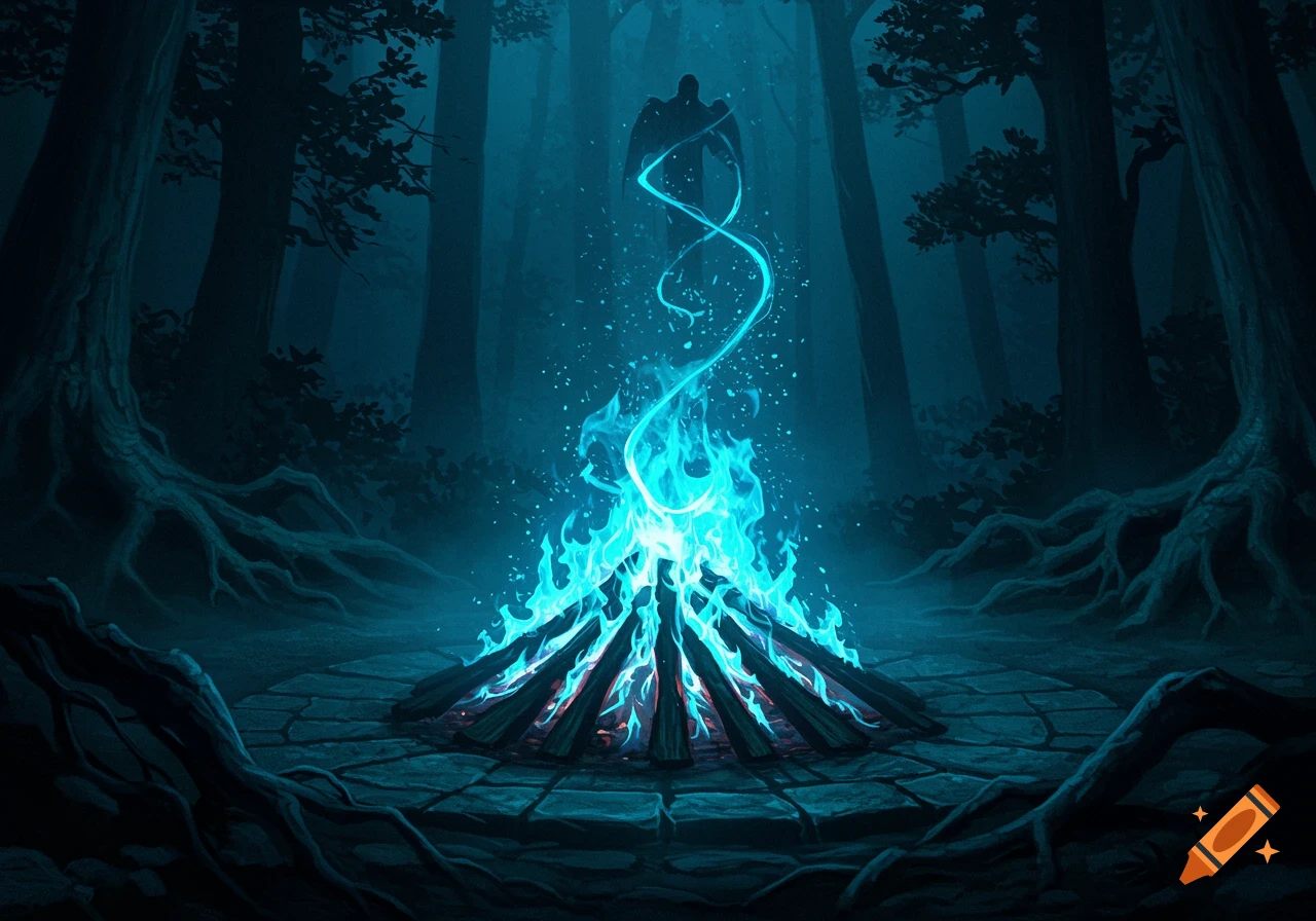 Vibrant blue fire burns on a stone altar in a dark, misty forest, with a shadowy figure rising above it.