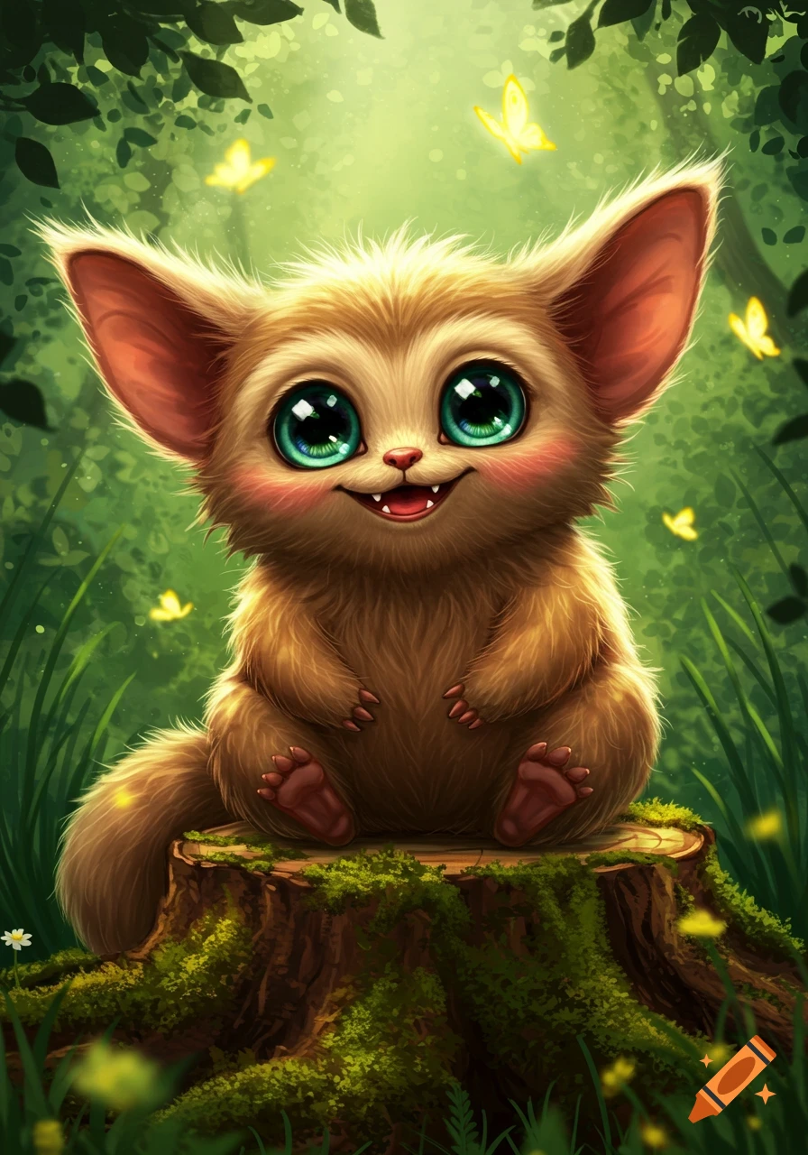 A cute, furry brown creature with large green eyes sits smiling on a mossy stump in a whimsical forest with butterflies.