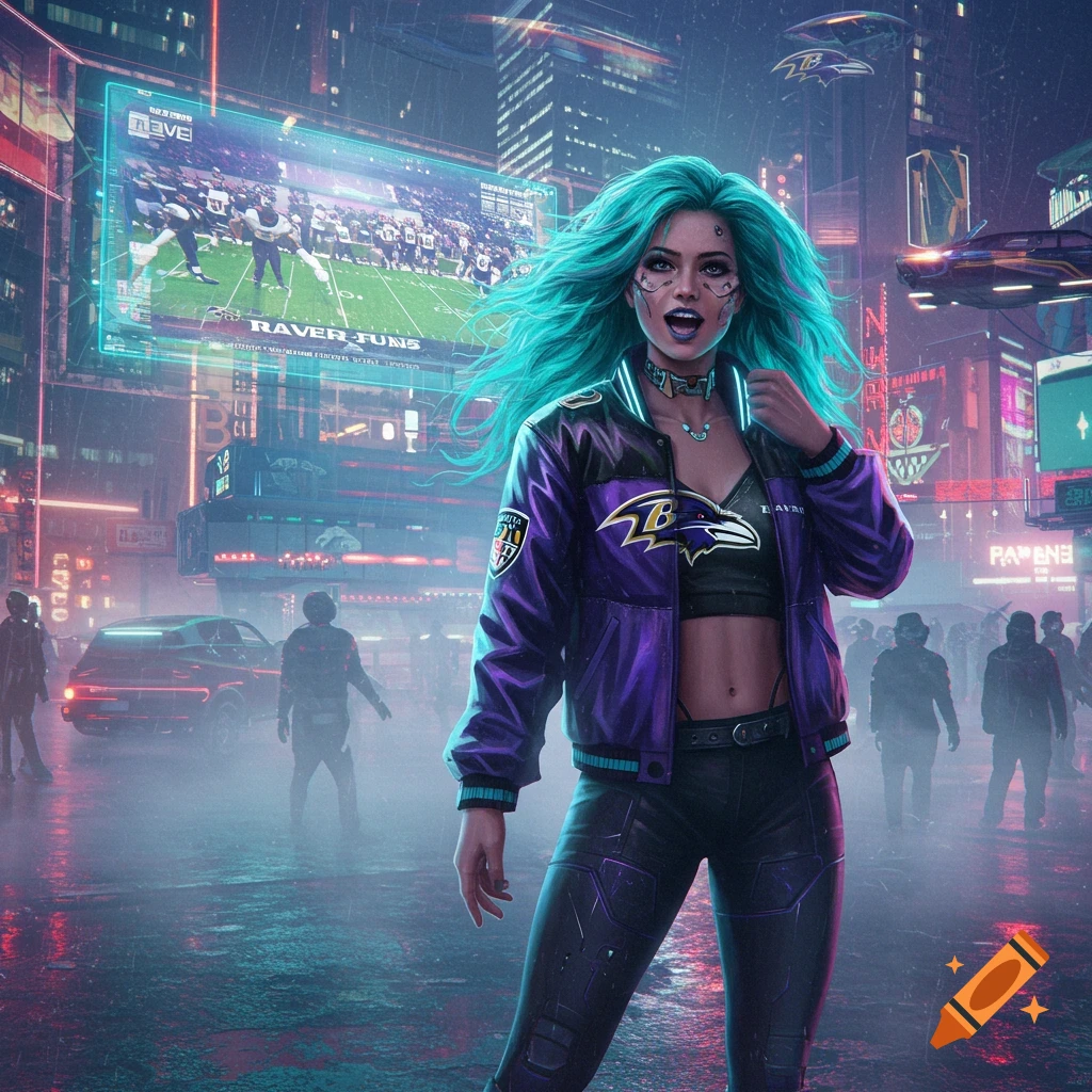 A teal-haired woman in a purple Baltimore Ravens jacket stands in a neon-lit cyberpunk city with a football game on a holographic screen.