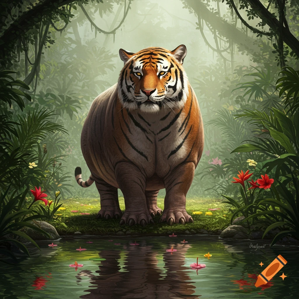 A large, stout tiger-hippo hybrid stands by a pond in a lush, misty jungle.