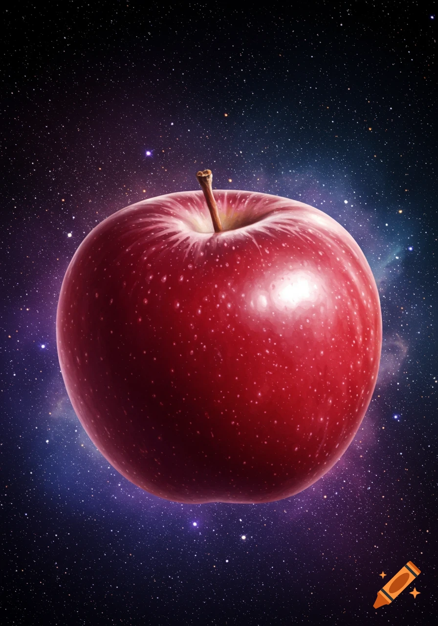 A large, photorealistic red apple floats in a vibrant, starry galaxy with hints of purple and blue nebula.