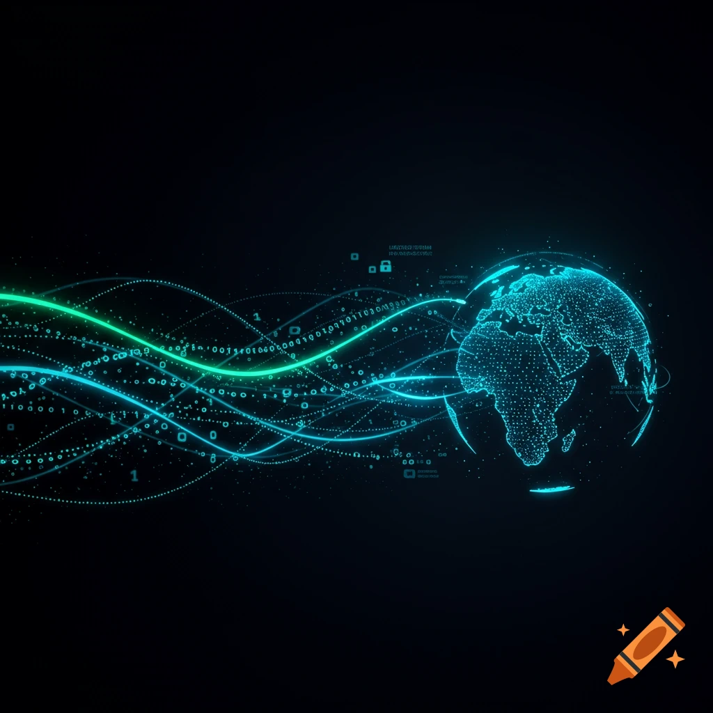 A glowing digital globe with blue and green data streams flowing across a dark background.
