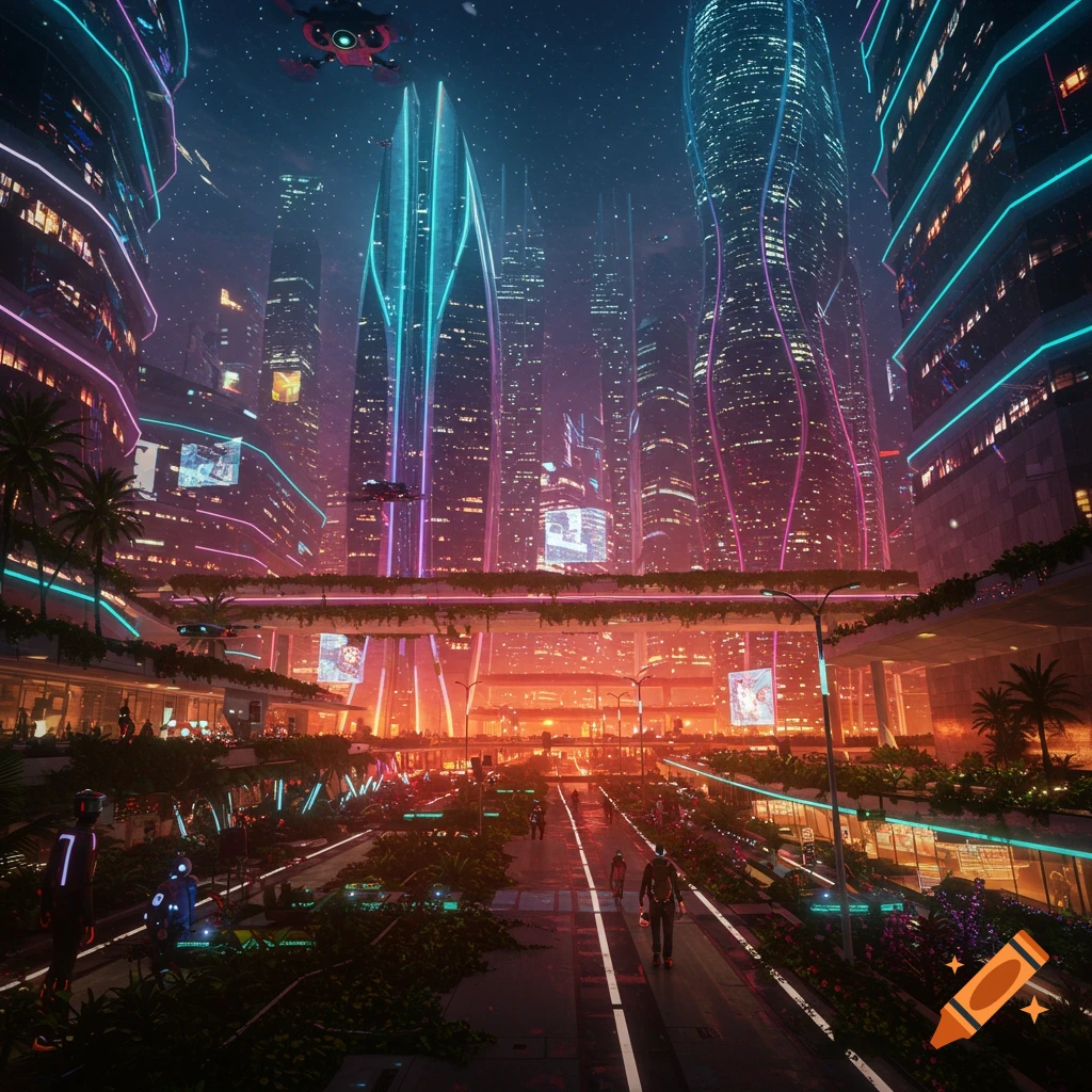 A vibrant, neon-lit cyberpunk city at night with towering skyscrapers, elevated pathways, and flying vehicles.