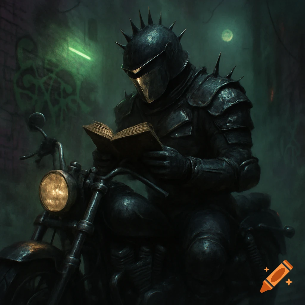 A figure in dark, spiked armor sits on a motorcycle, reading an open book under a full moon in a gritty, neon-lit alley.