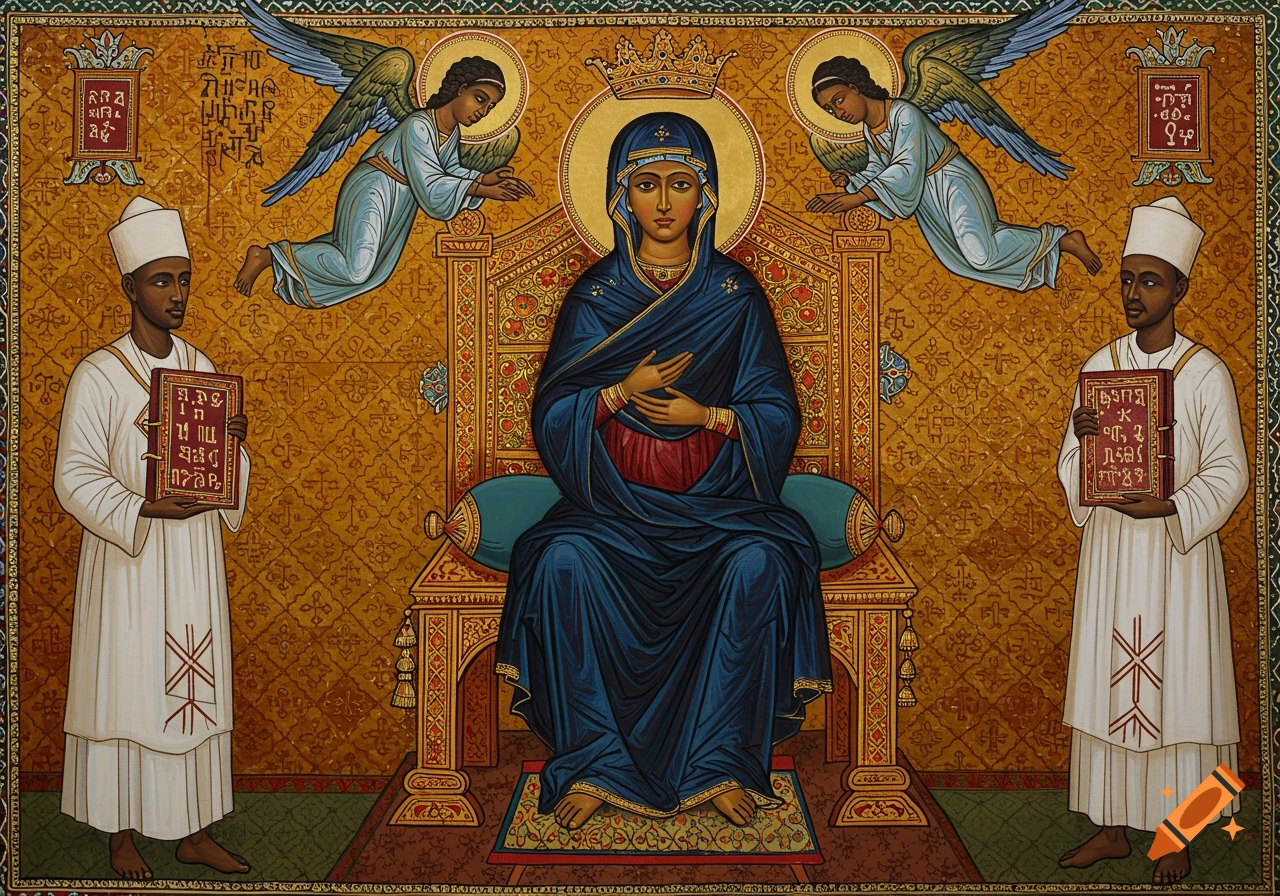 Eritrean Orthodox icon of St. Mary enthroned, flanked by two angels above and two priests holding books.