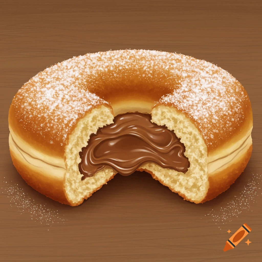 A donut covered in powdered sugar, cut in half to show a rich chocolate filling, rests on a wooden surface. Digital illustration.