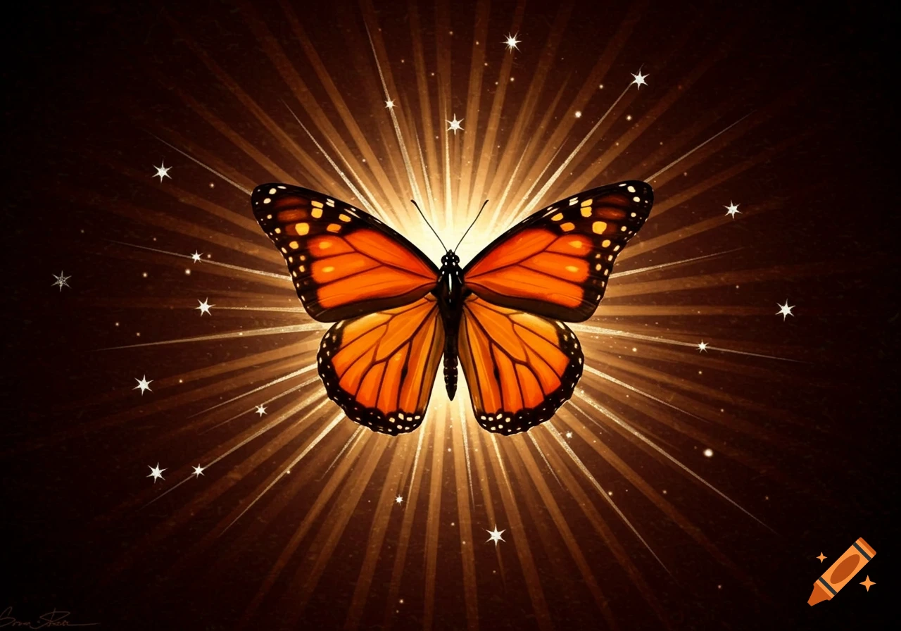 A monarch butterfly with vibrant orange and black wings, centered against a dark background with radiating golden light rays and scattered white stars.