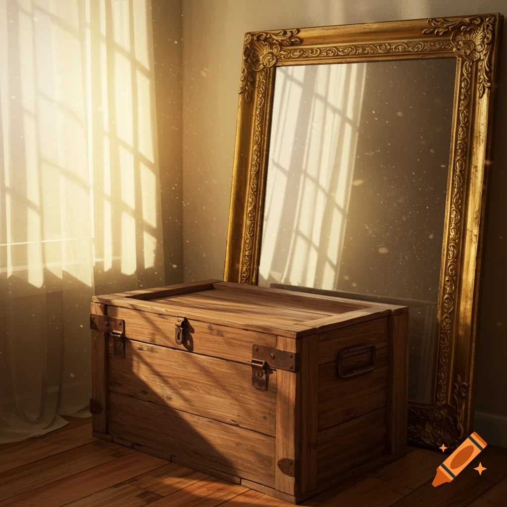 A wooden crate on a floor in front of a tall, ornate gold mirror, bathed in sunlight from a window, with dust motes visible.