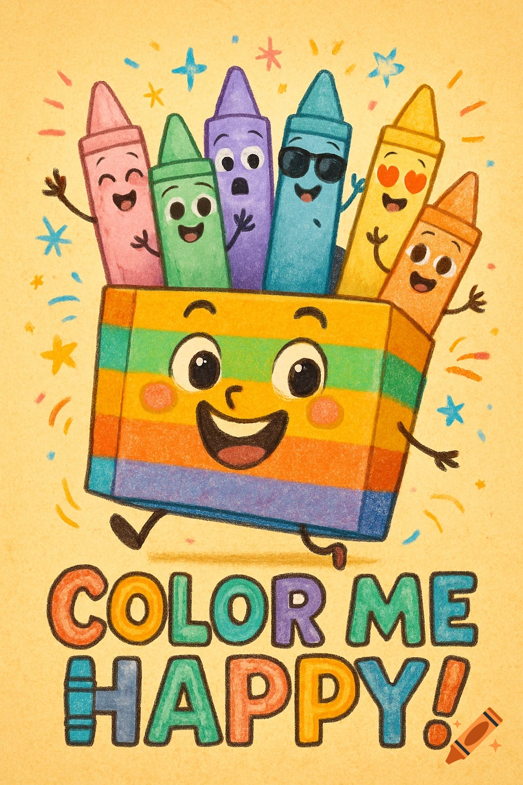 A cheerful, illustrated crayon box walks with six colorful, animated crayons waving from inside, with the text 'COLOR ME HAPPY!'.