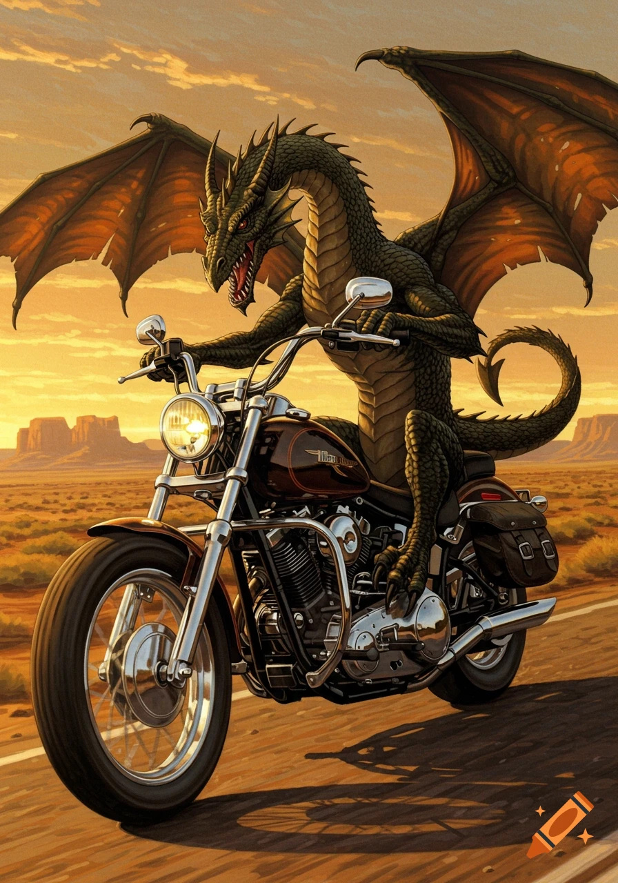 A green dragon with large wings rides a motorcycle on a road through a desert landscape at sunset, in a detailed, animated style.
