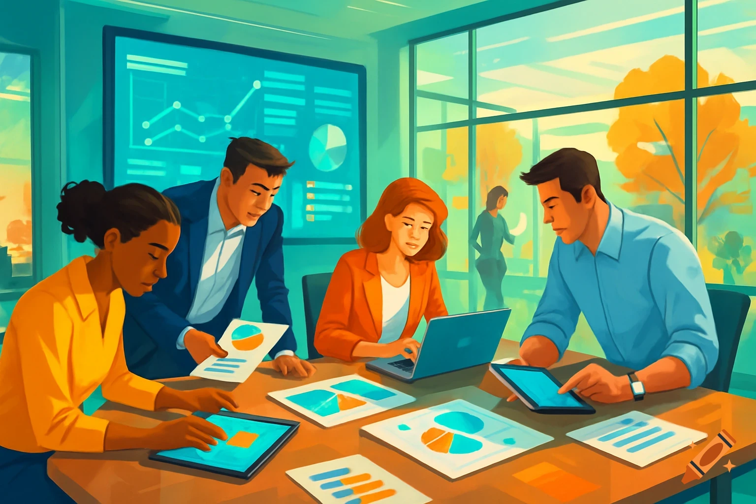 Four diverse people in a colorful, stylized office meeting, analyzing charts on screens and papers with laptops and tablets.