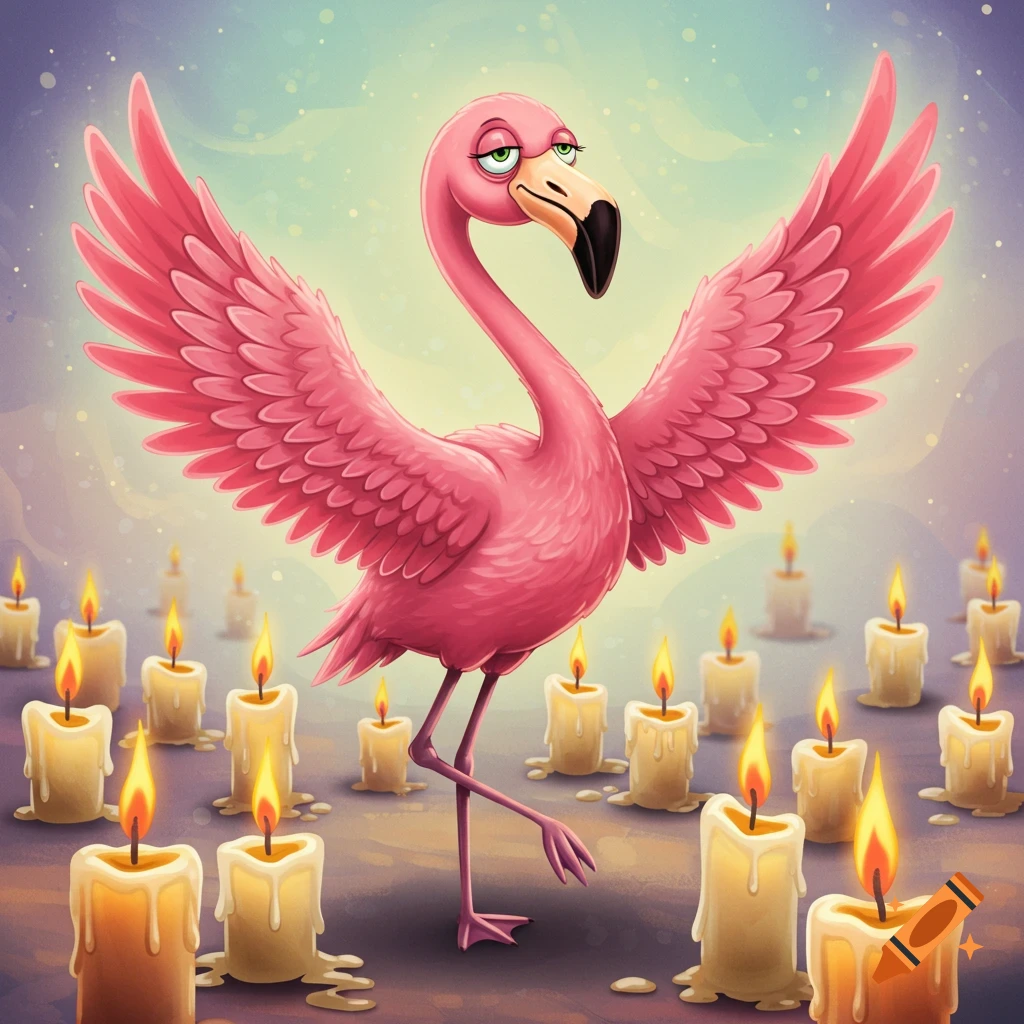 A cartoon pink flamingo with spread wings and dreamy eyes, surrounded by many lit candles.