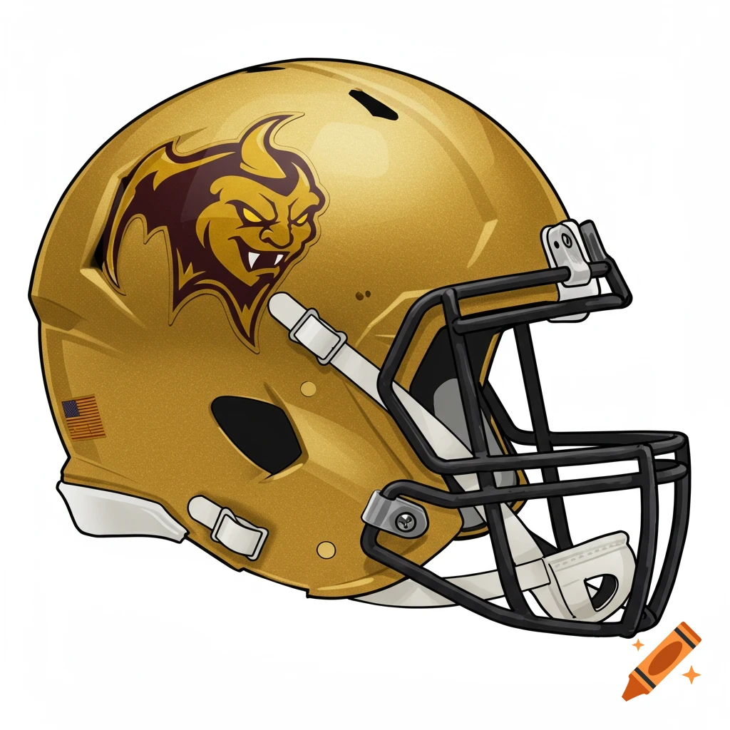 A golden football helmet with a maroon and gold devil-like mascot logo, a black face mask, and an American flag sticker.
