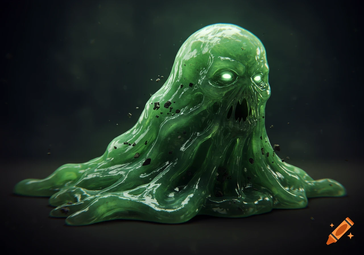 A realistic, glowing green slime monster with bright eyes and jagged teeth emerges from a dark background.