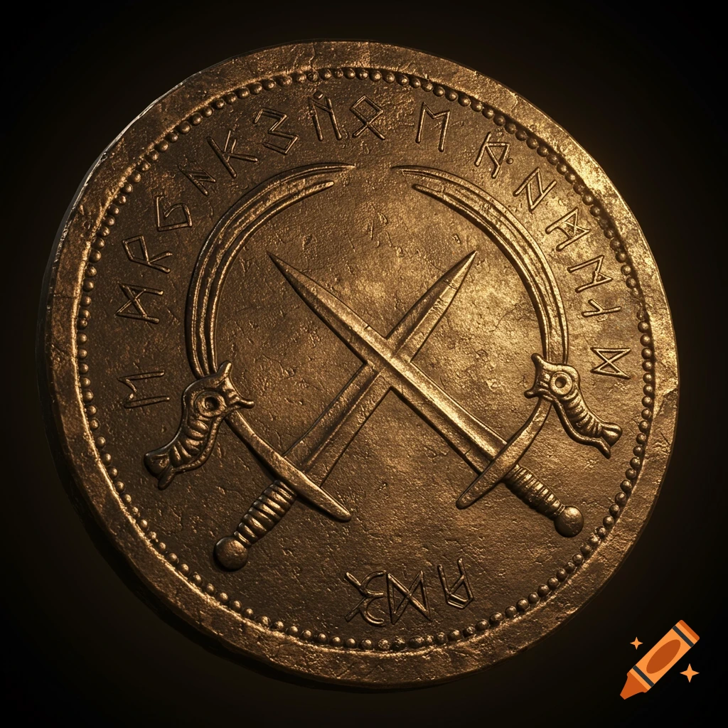 A detailed bronze coin featuring a crossed shortsword and scimitar, surrounded by ancient runes.
