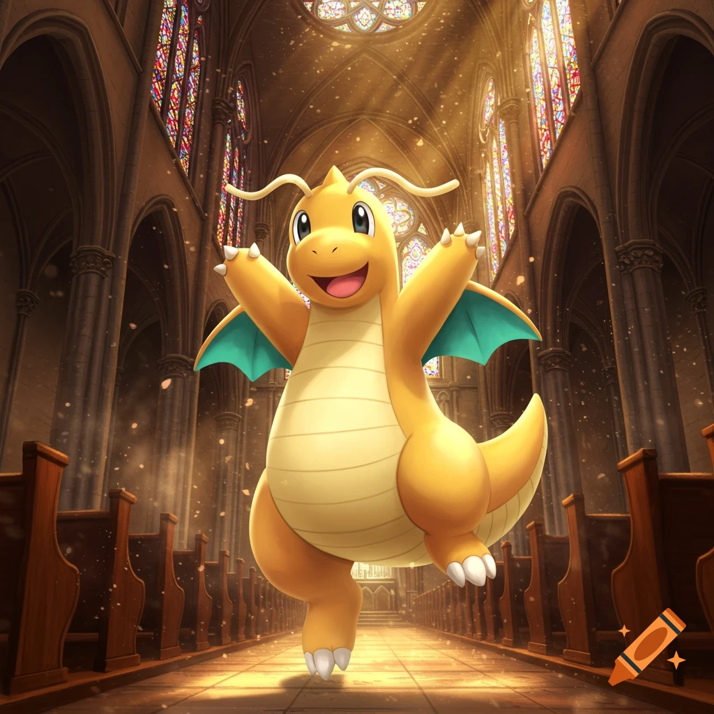 A happy Dragonite with arms outstretched and one leg lifted, dancing in a sunlit church with stained glass windows.