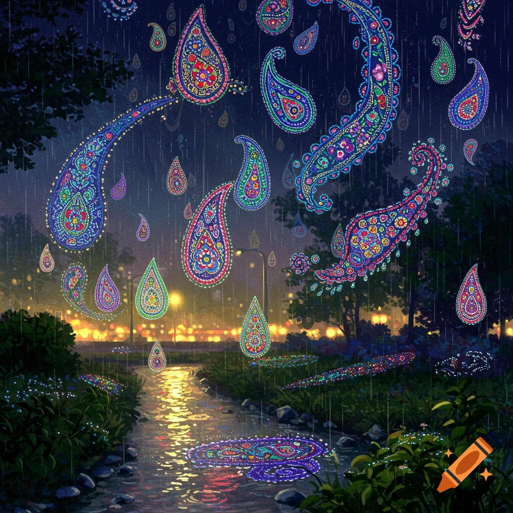 Vibrant paisley patterns fall like rain over a stream in a dark, illuminated park at night.