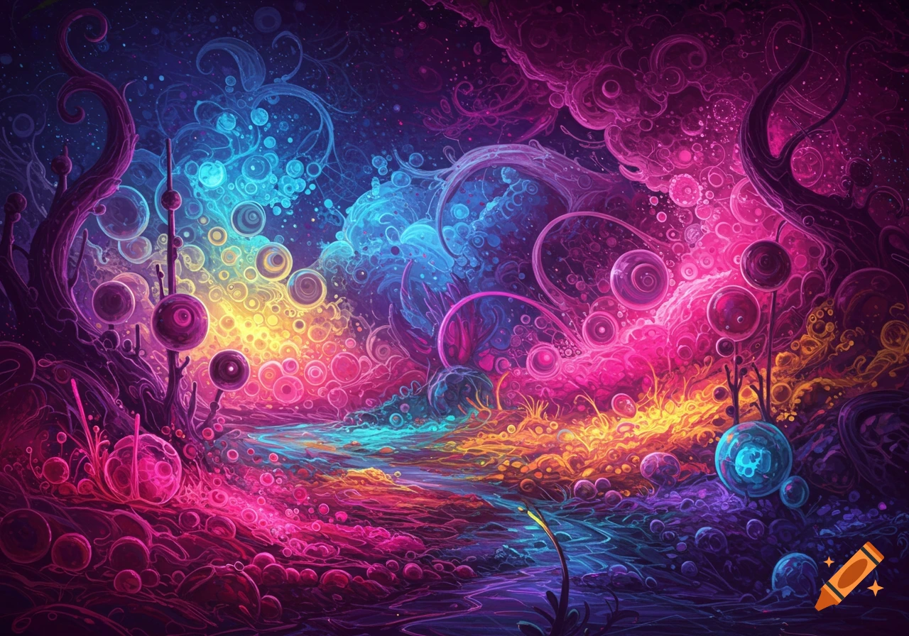 A vibrant, abstract psychedelic landscape filled with glowing bubbles and organic forms in pink, blue, and yellow.