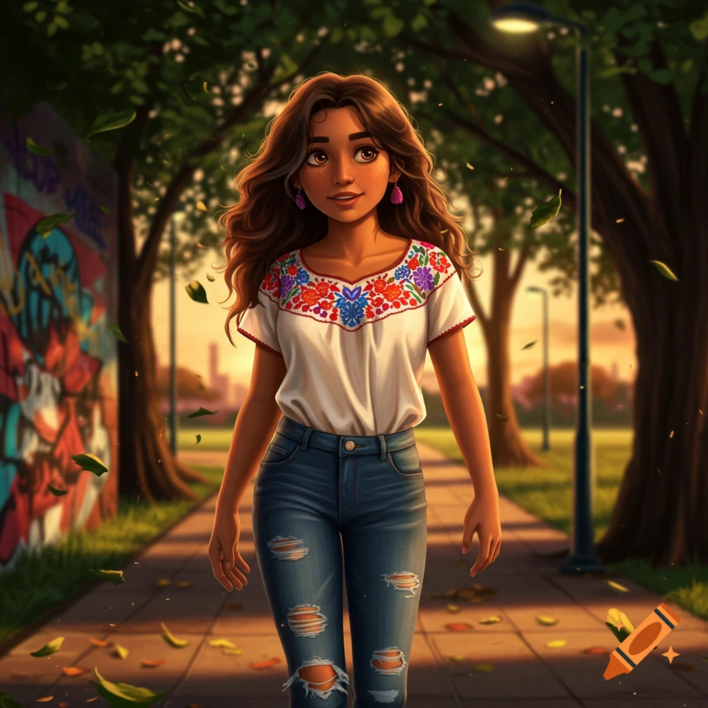 An animated Hispanic teenage girl with long brown hair, wearing an embroidered white shirt and ripped jeans, walks on a park path at sunset with leaves falling.