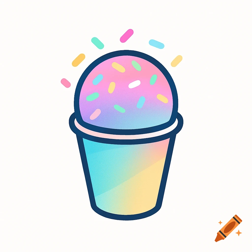 A colorful pastel sno cone with sprinkles in a cup, designed in a simple logo style.