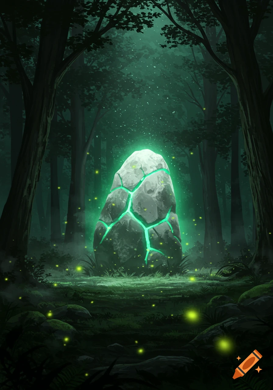 A glowing green and gray meteorite sits amidst a dark, misty forest with tall trees and fireflies.