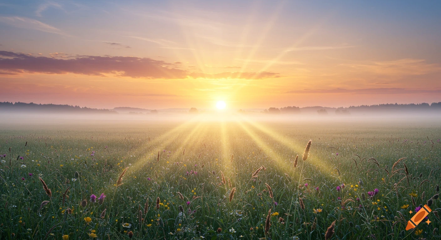 A vibrant sunrise illuminates a misty meadow filled with colorful wildflowers and tall grasses.