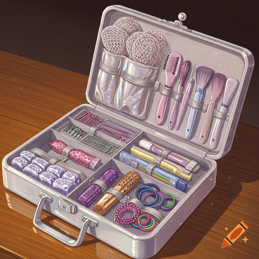 An open case displaying various hair accessories like brushes, hair nets, bobby pins, and hair ties on a wooden table.