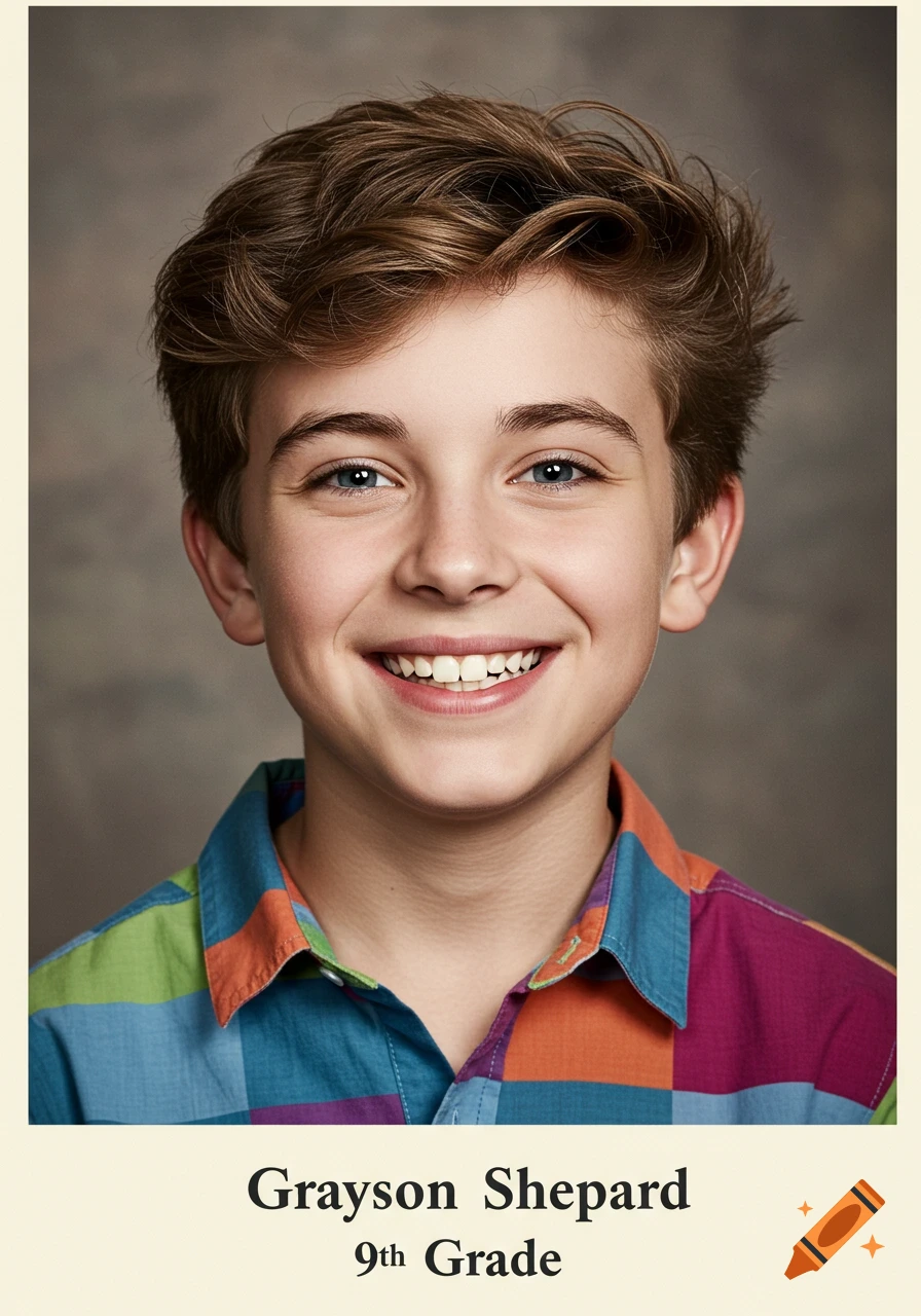 A smiling boy with brown hair and blue eyes wears a colorful checkered shirt, against a grey background. Below him, text reads 'Grayson Shepard 9th Grade'.