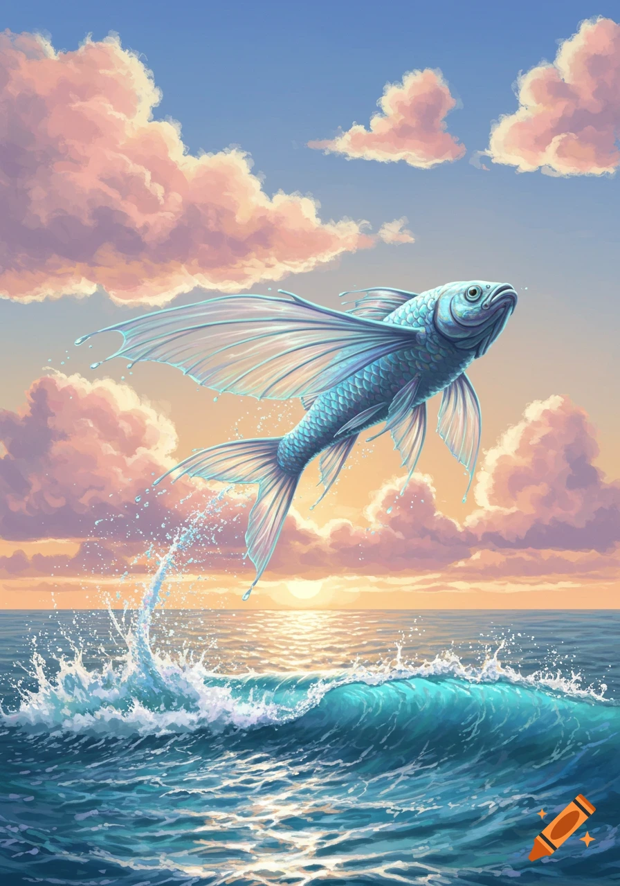 A blue flying fish jumps from a teal ocean wave into a sky filled with pink sunset clouds.