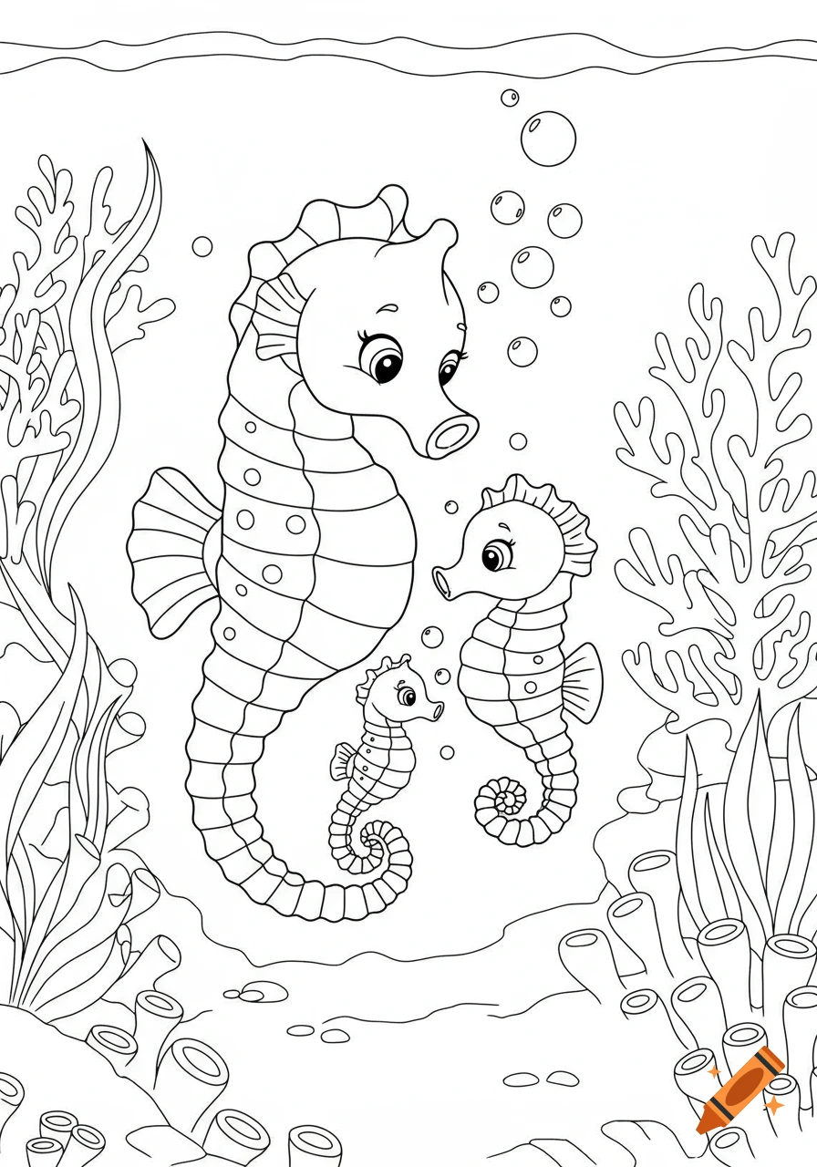 Black and white line art coloring page of a large seahorse and two smaller seahorses underwater, surrounded by seaweed, coral, and bubbles.