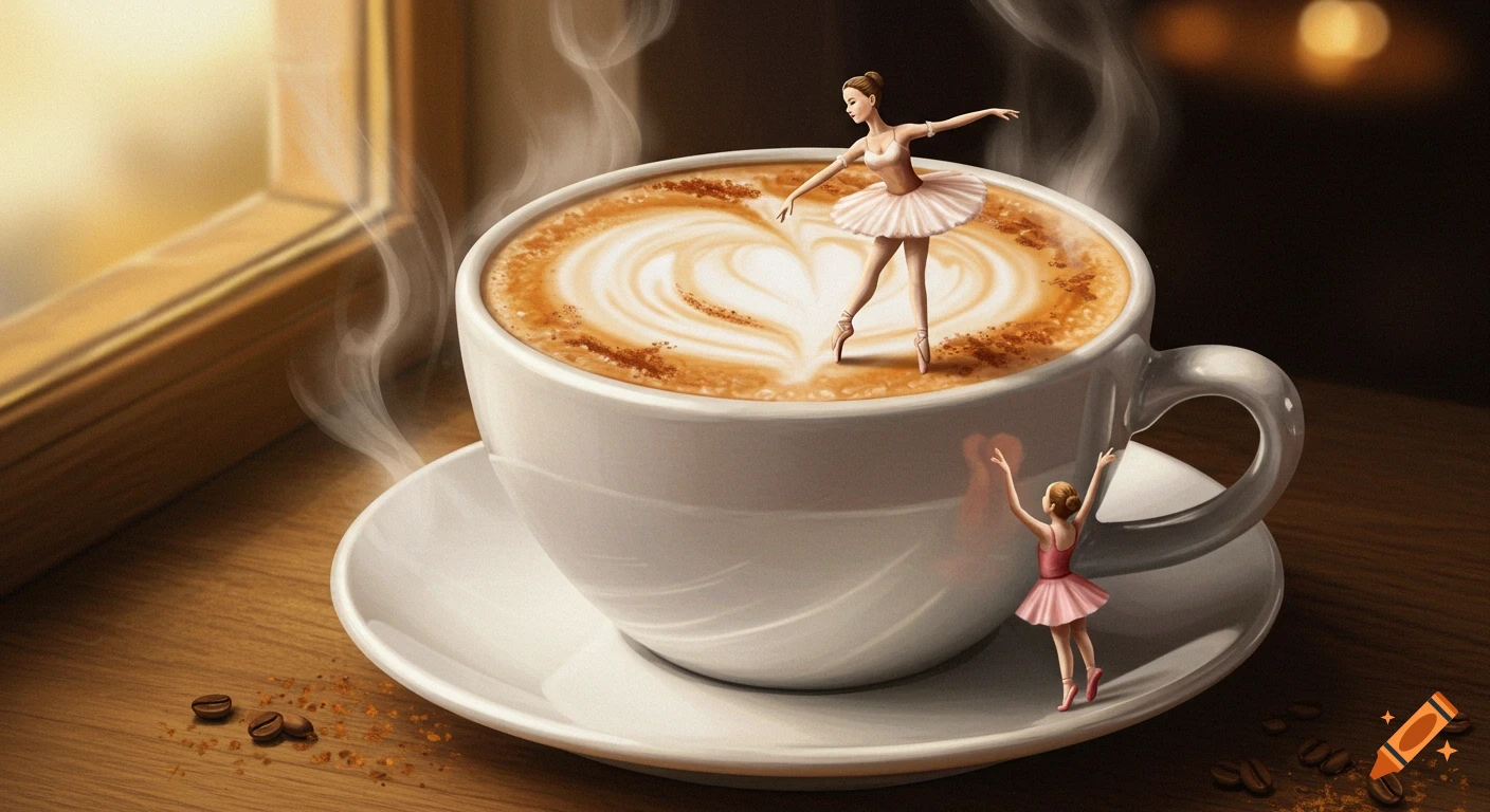 An illustrated scene of a ballerina dancing in a heart-shaped latte in a coffee cup, with another ballerina on the saucer.