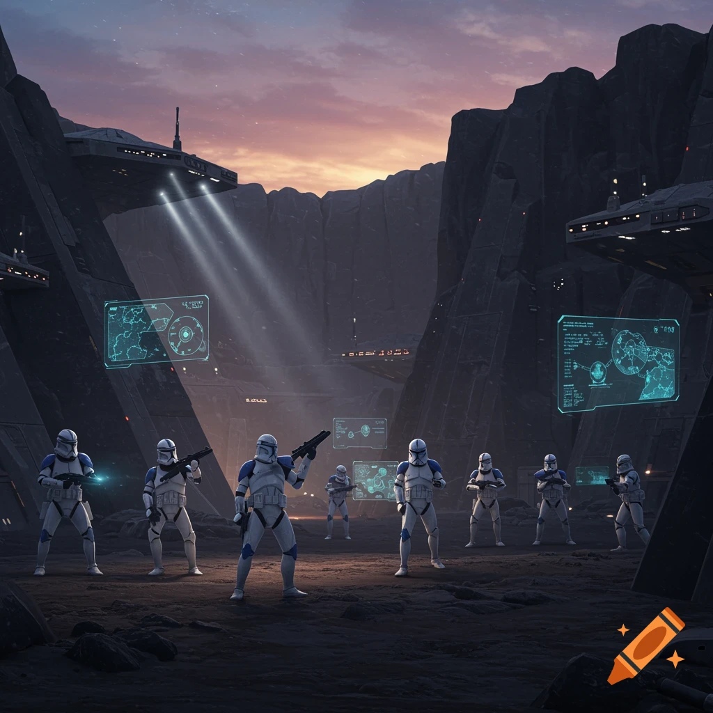 Star Wars clone troopers stand in a rocky canyon with futuristic structures and holographic screens under a twilight sky.