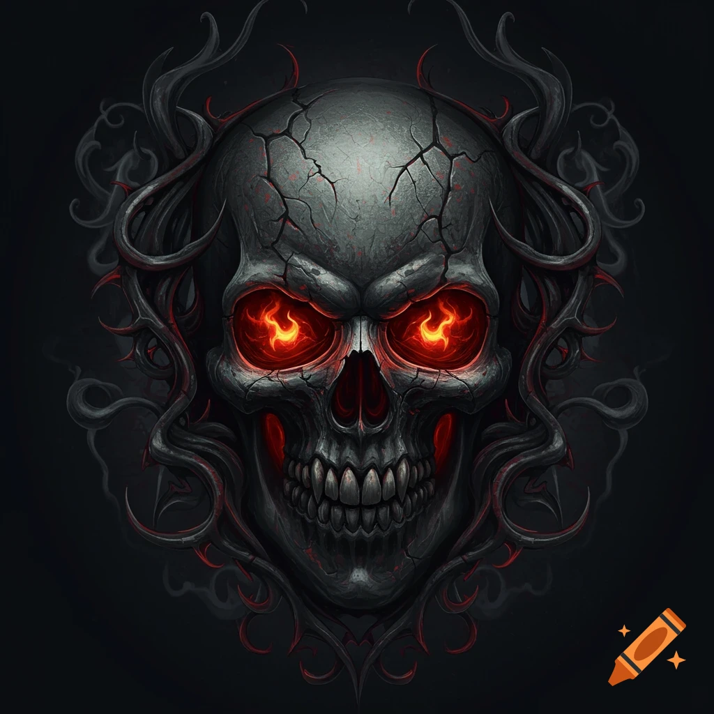 Menacing cracked skull with glowing red eyes, surrounded by gothic thorny details on a dark background.