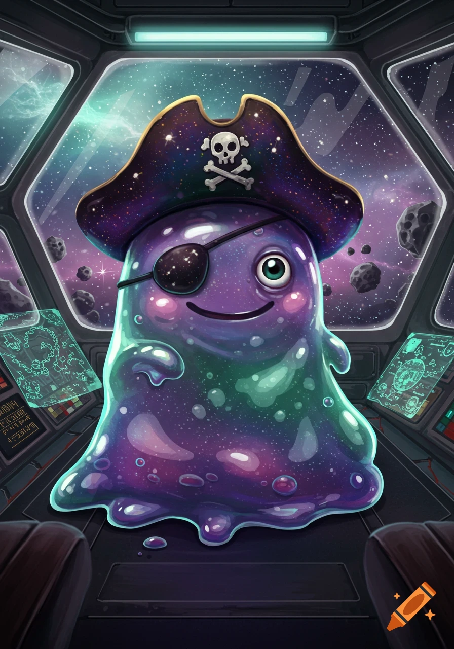A cute, smiling purple and green slime wearing a pirate hat and eyepatch in a spaceship cockpit looking out at space.