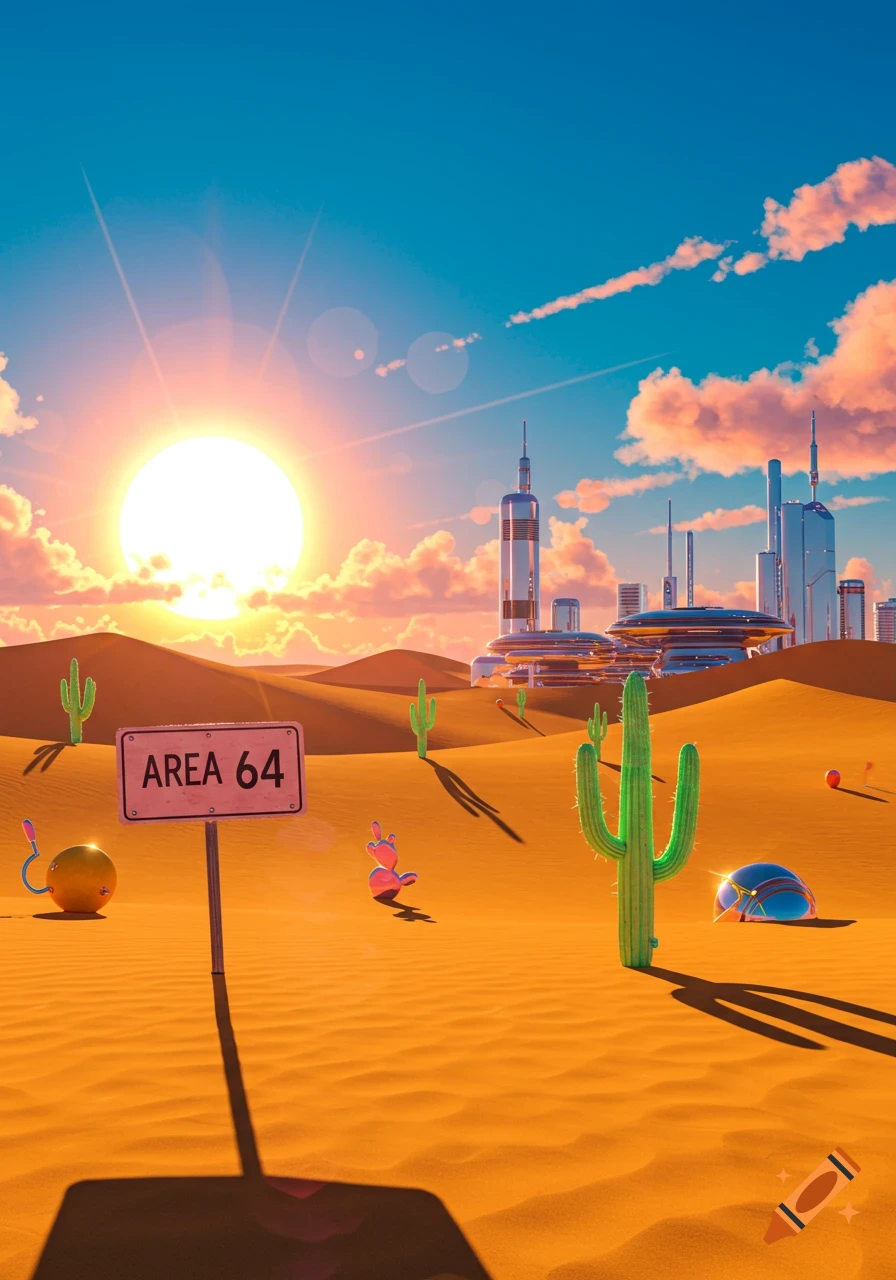 A vibrant desert landscape at sunset with a sign reading "AREA 64," futuristic buildings, cacti, and colorful objects.
